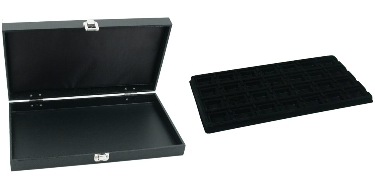 Black Jewelry Display Case (Single metal clasp) w/ Black 28-slot Plastic Tray